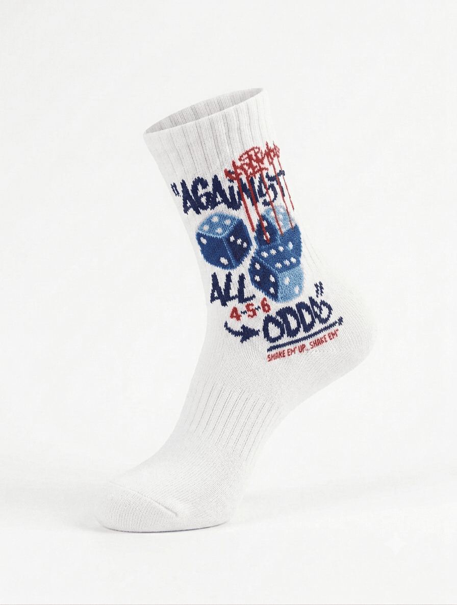 "Against All Odds" Dice Print Crew Socks – White Streetwear Socks