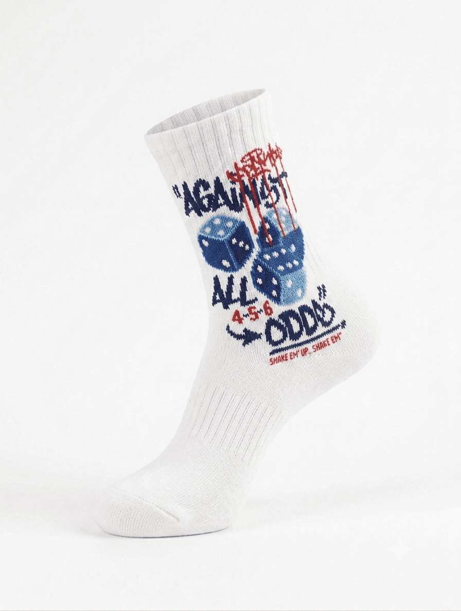 "Against All Odds" Dice Print Crew Socks – White Streetwear Socks