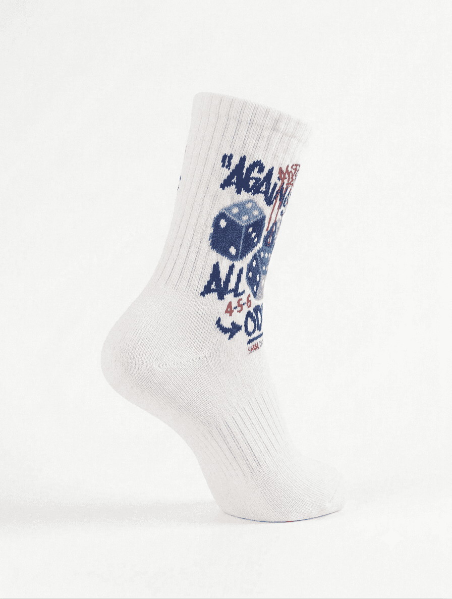 "Against All Odds" Dice Print Crew Socks – White Streetwear Socks - alternate