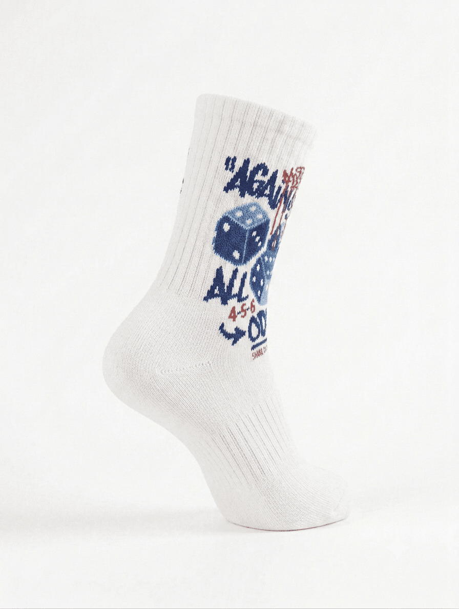 "Against All Odds" Dice Print Crew Socks – White Streetwear Socks